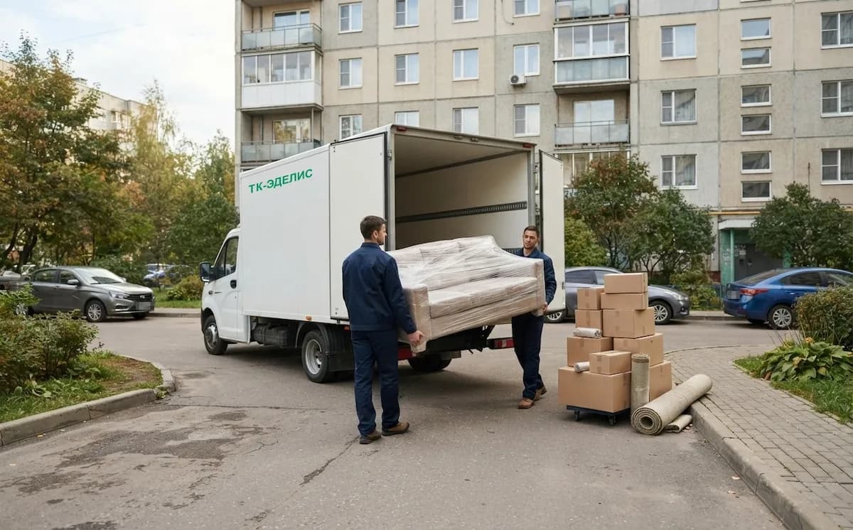Грузчики ТК-ЭДЕЛИС грузят диван и коробки в машину во дворе многоэтажного дома
